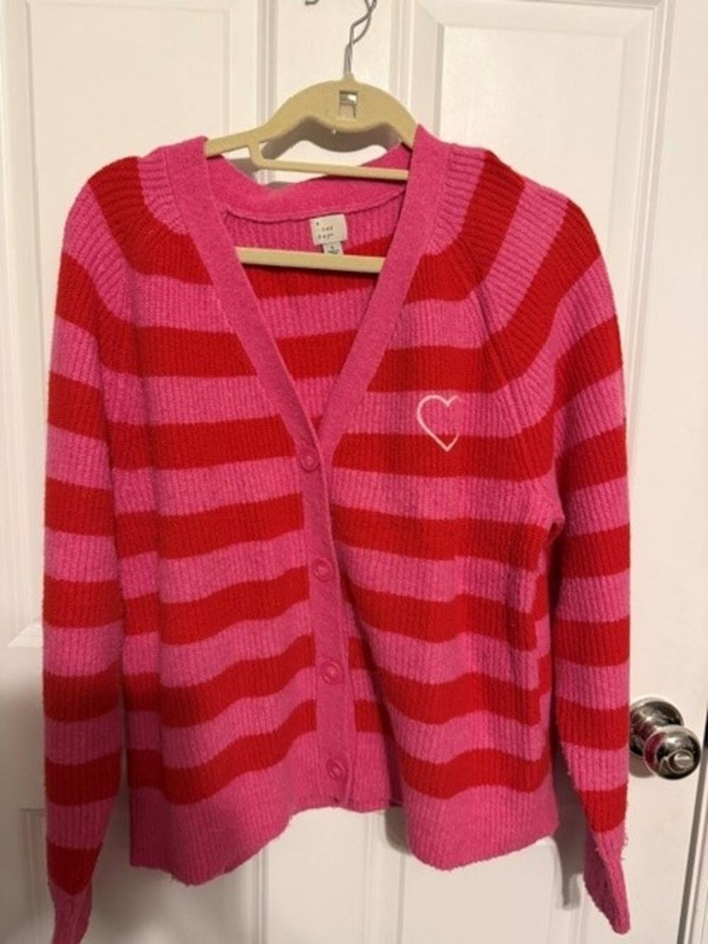 A New Day Pink and Red Striped Heart Cardigan Sweater Large
